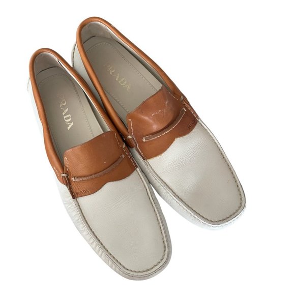 Prada Men\'s Cream & Cognac Leather Loafers Size 9 1/2 main image 5